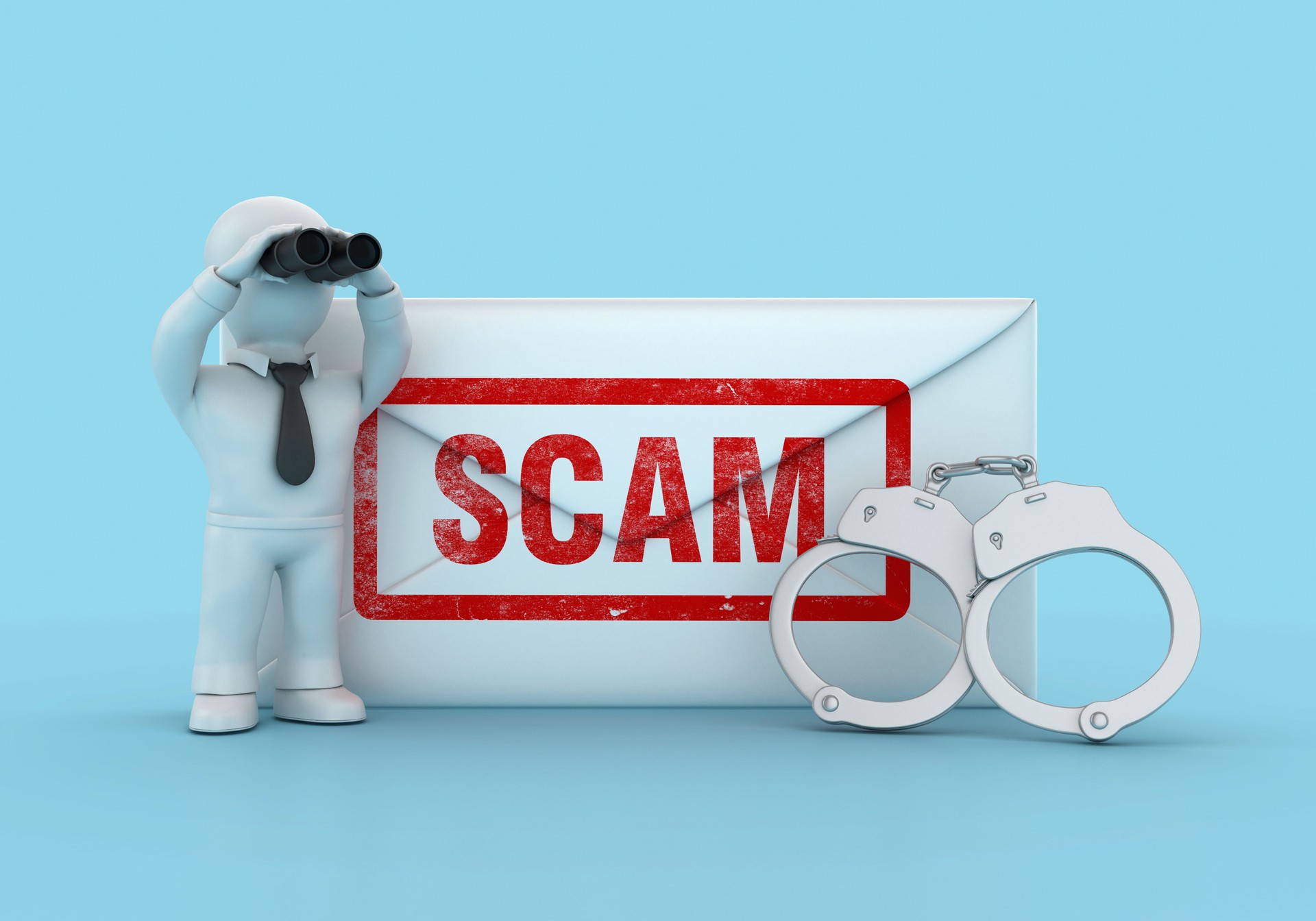 3D Handcuffs with Scam Envelope with Cartoon Person with Binoculars
